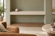 36-inch long, 4-inch thick Natural Linen SW 9109 painted floating shelf, wall-to-wall mount, unlit