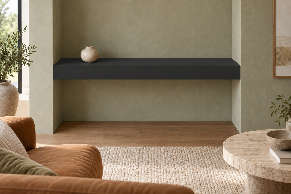 36 × 10 × 4 inch Tricorn Black SW 6258 painted floating shelf, wall-to-wall mount, unlit