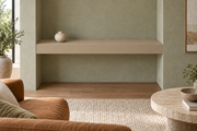 36-inch long, 4-inch thick Universal Khaki SW 6150 painted floating shelf, wall-to-wall mount, unlit