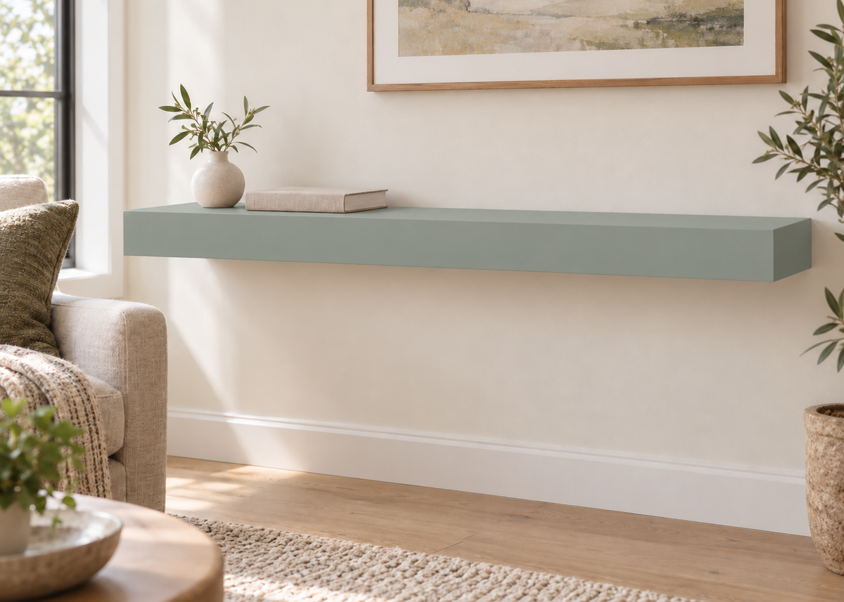 42-inch long, 3-inch thick standard painted floating shelf in Halcyon Green SW 6213, unlit living-room rendering.