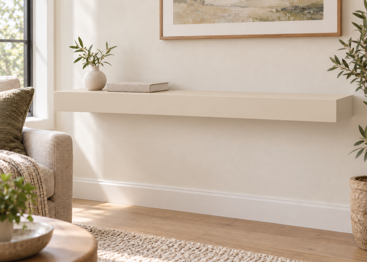 42-inch long, 3-inch thick standard painted floating shelf in Natural Linen SW 9109, unlit living-room rendering.