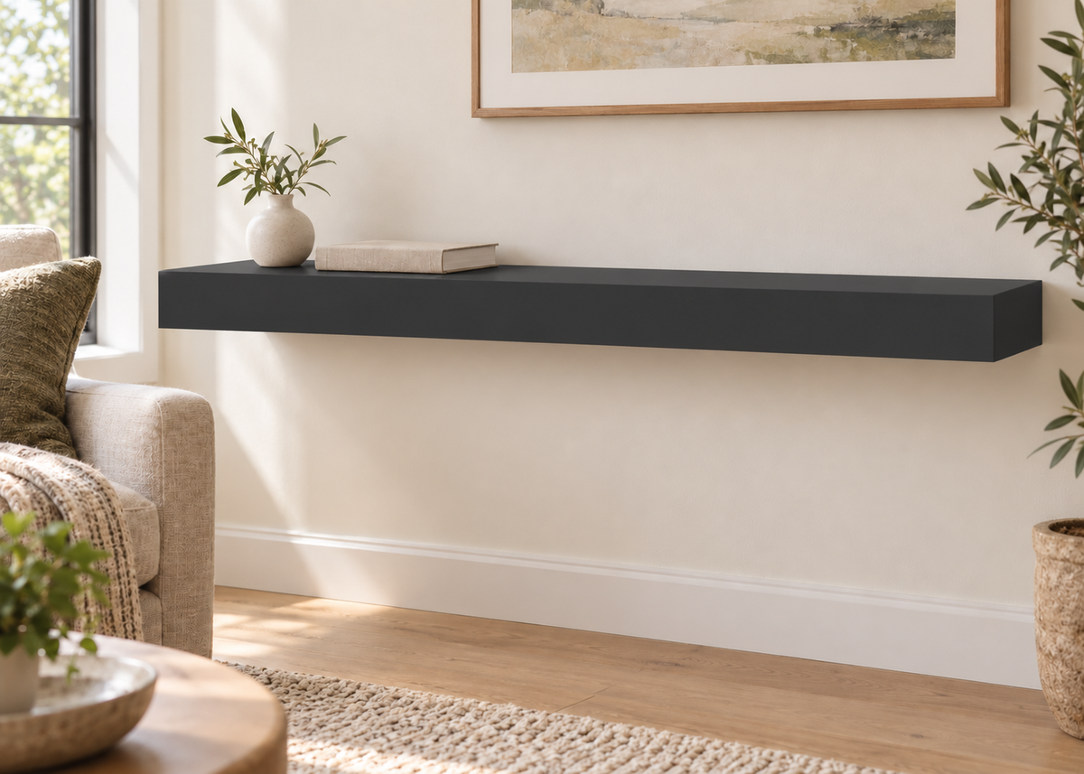 42-inch long, 3-inch thick standard painted floating shelf in Tricorn Black SW 6258, unlit living-room rendering.