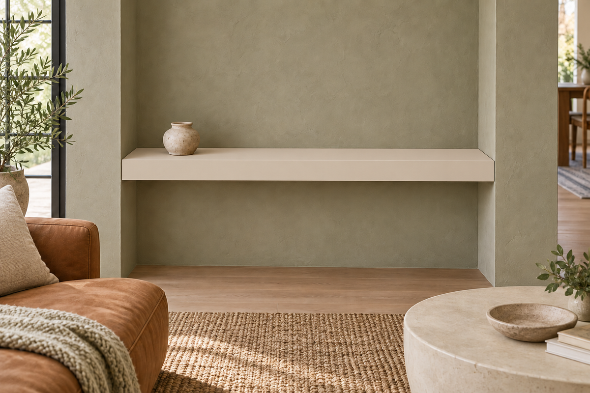 42-inch long, 3-inch thick Natural Linen SW 9109 painted floating shelf, wall-to-wall mount, unlit