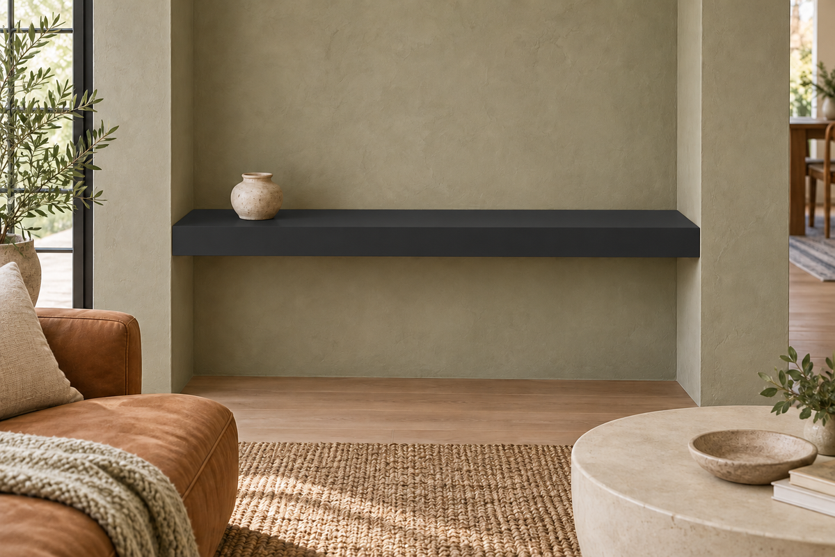42-inch long, 3-inch thick Tricorn Black SW 6258 painted floating shelf, wall-to-wall mount, unlit