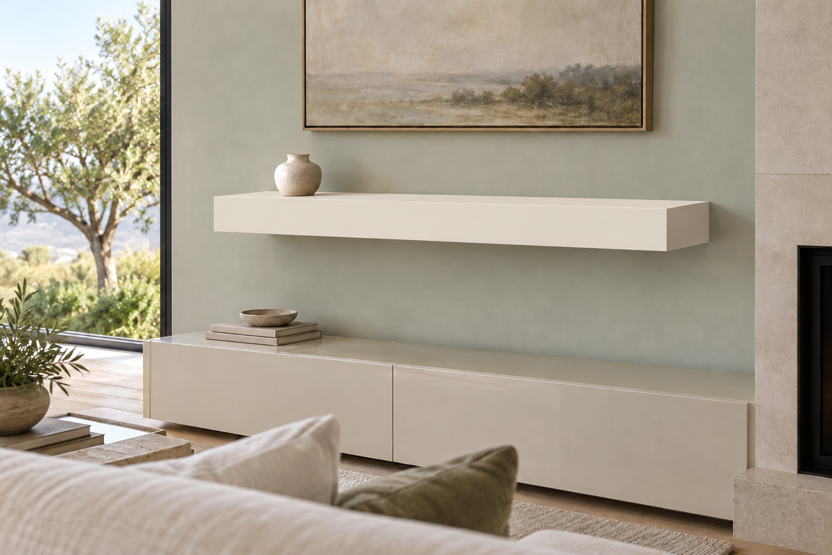 42-inch long, 4-inch thick Alabaster SW 7008 painted floating shelf, standard mount, unlit