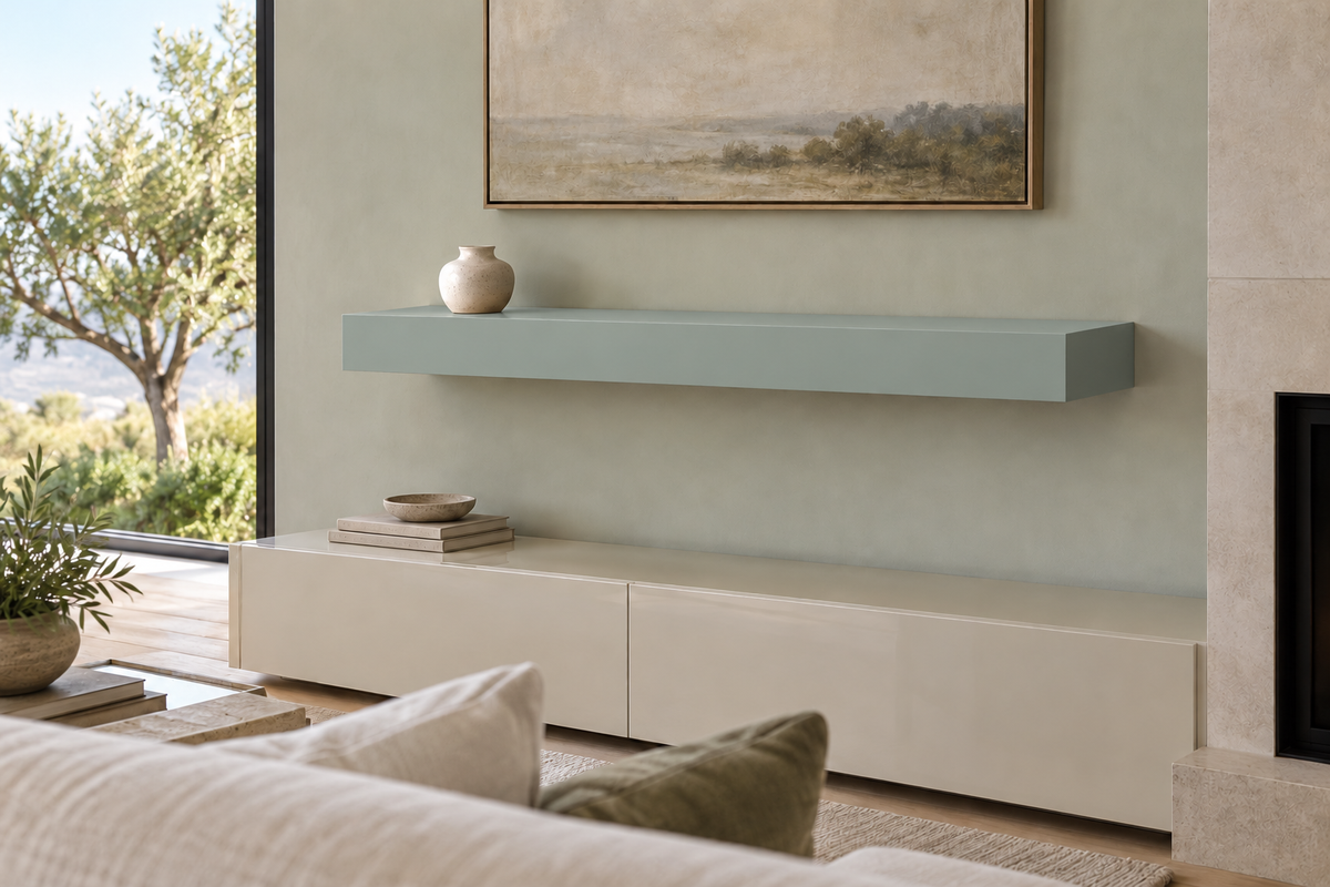 42 × 10 × 4 inch Halcyon Green SW 6213 painted floating shelf, standard mount, unlit
