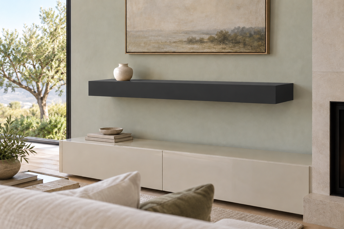 42-inch long, 4-inch thick Tricorn Black SW 6258 painted floating shelf, standard mount, unlit