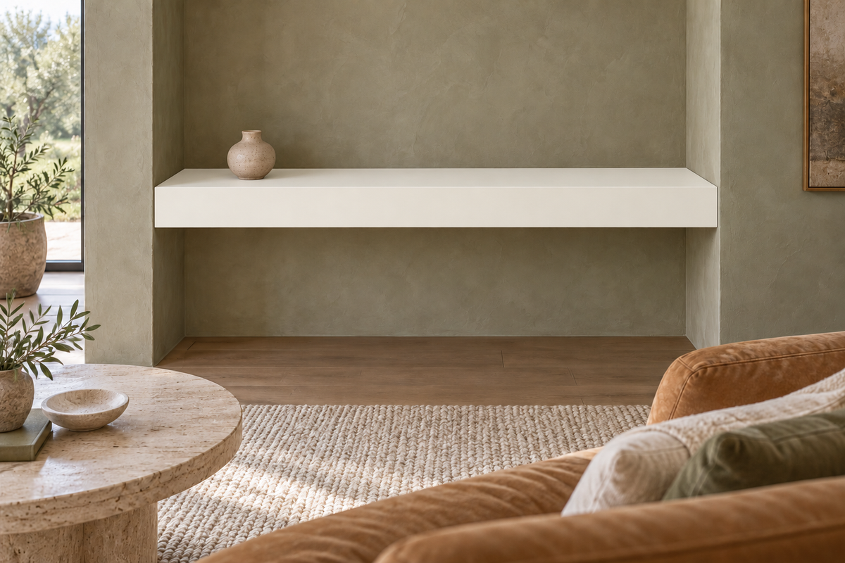 42-inch long, 4-inch thick Alabaster SW 7008 painted floating shelf, wall-to-wall mount, unlit
