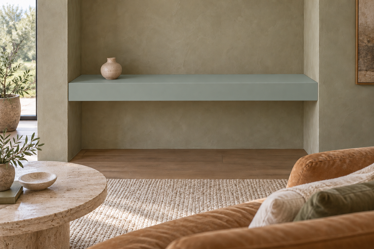 42-inch long, 4-inch thick Halcyon Green SW 6213 painted floating shelf, wall-to-wall mount, unlit