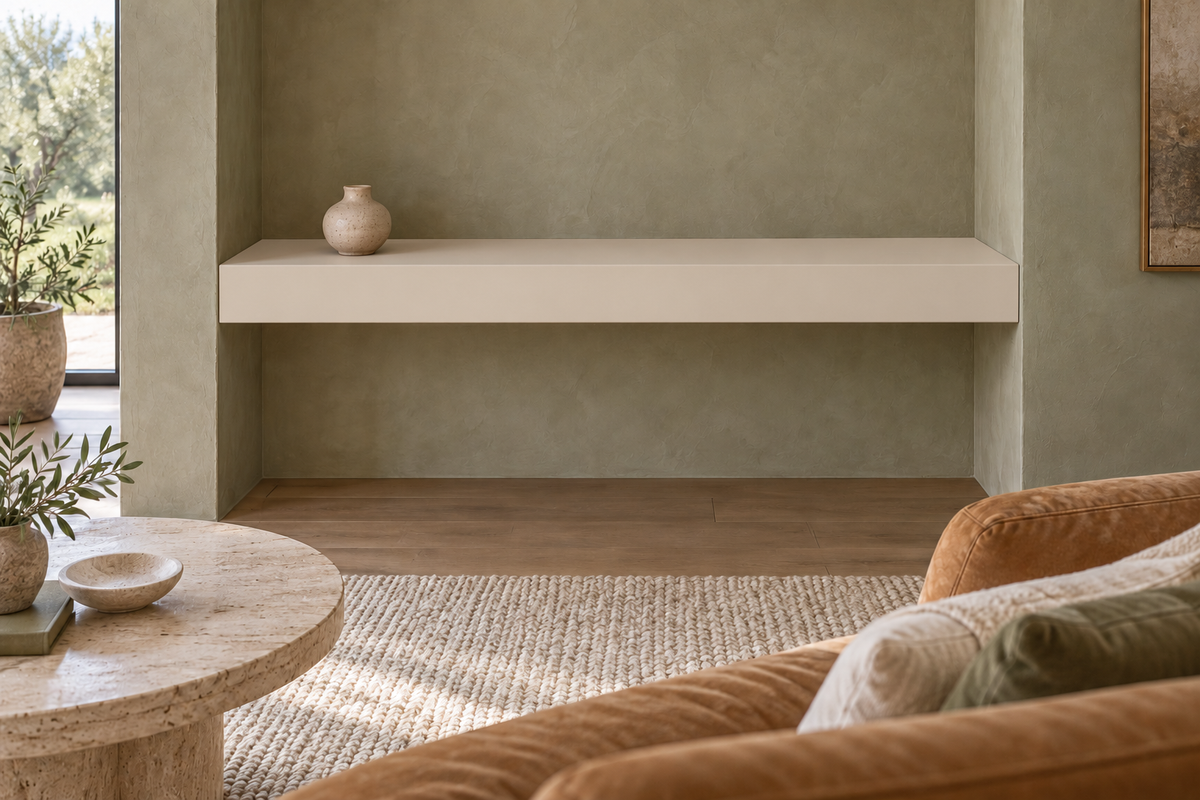 42-inch long, 4-inch thick Natural Linen SW 9109 painted floating shelf, wall-to-wall mount, unlit