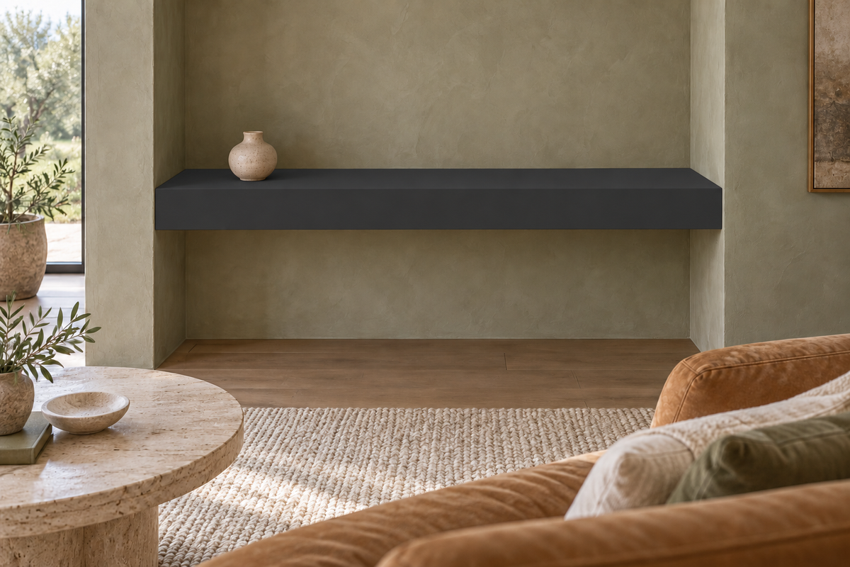 42-inch long, 4-inch thick Tricorn Black SW 6258 painted floating shelf, wall-to-wall mount, unlit