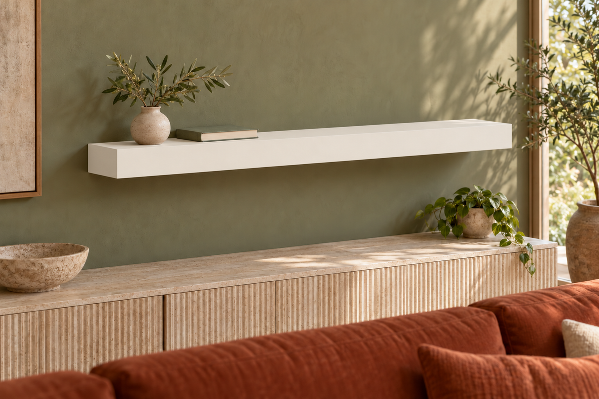 42 × 8 × 3 inch Alabaster SW 7008 painted floating shelf, standard mount, unlit