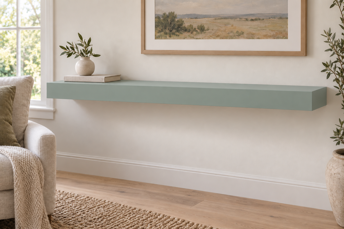 48-inch long, 3-inch thick standard painted floating shelf in Halcyon Green SW 6213, unlit living-room rendering.