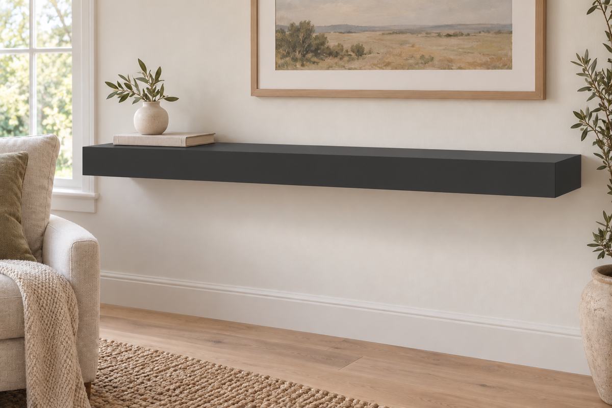 48-inch long, 3-inch thick standard painted floating shelf in Tricorn Black SW 6258, unlit living-room rendering.