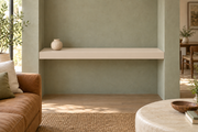 48 × 10 × 3 inch Natural Linen SW 9109 painted floating shelf, wall-to-wall mount, unlit