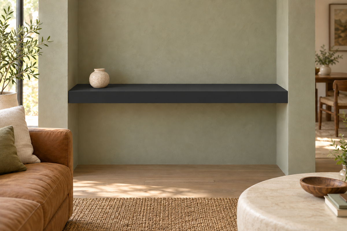 48-inch long, 3-inch thick Tricorn Black SW 6258 painted floating shelf, wall-to-wall mount, unlit