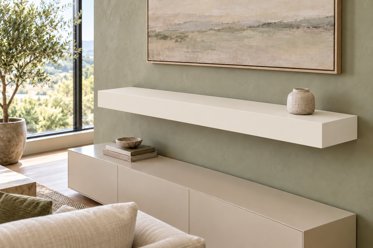 48 × 10 × 4 inch Alabaster SW 7008 painted floating shelf, standard mount, unlit