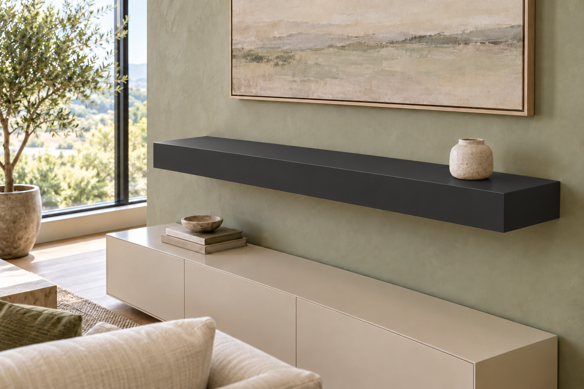 48-inch long, 4-inch thick Tricorn Black SW 6258 painted floating shelf, standard mount, unlit