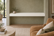 48-inch long, 4-inch thick Alabaster SW 7008 painted floating shelf, wall-to-wall mount, unlit