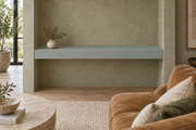 48-inch long, 4-inch thick Halcyon Green SW 6213 painted floating shelf, wall-to-wall mount, unlit