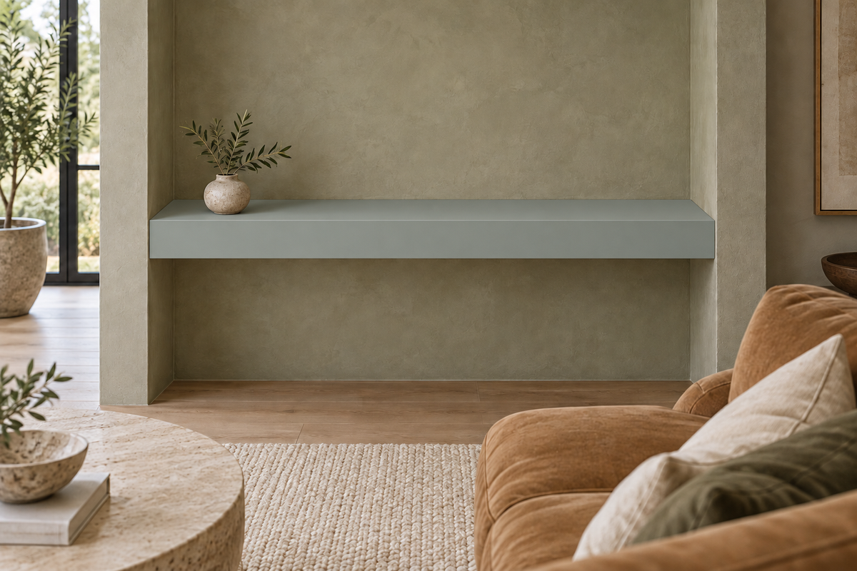 48-inch long, 4-inch thick Halcyon Green SW 6213 painted floating shelf, wall-to-wall mount, unlit