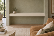 48 × 10 × 4 inch Natural Linen SW 9109 painted floating shelf, wall-to-wall mount, unlit
