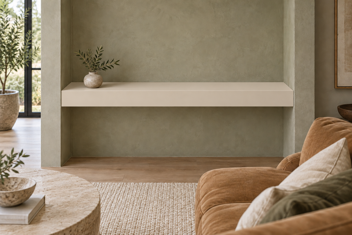 48 × 10 × 4 inch Natural Linen SW 9109 painted floating shelf, wall-to-wall mount, unlit