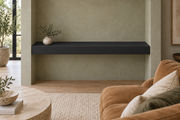 48-inch long, 4-inch thick Tricorn Black SW 6258 painted floating shelf, wall-to-wall mount, unlit