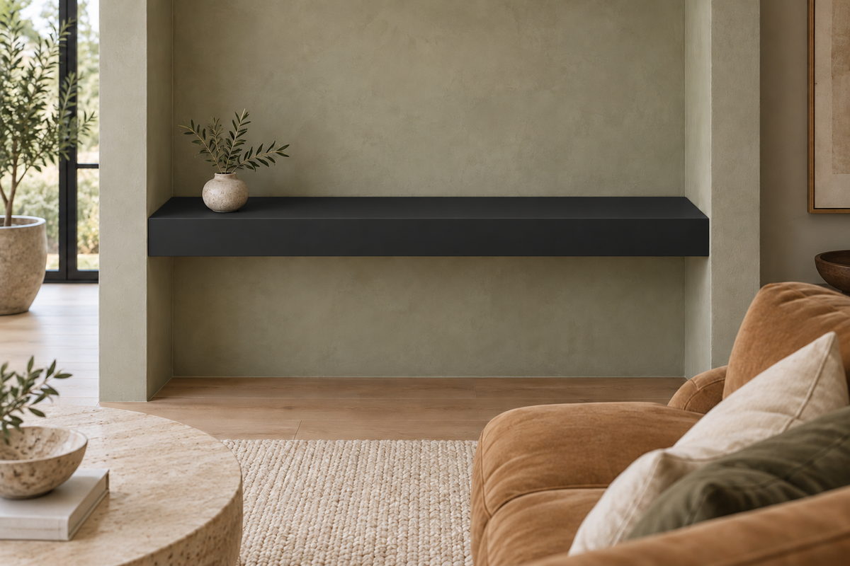 48-inch long, 4-inch thick Tricorn Black SW 6258 painted floating shelf, wall-to-wall mount, unlit