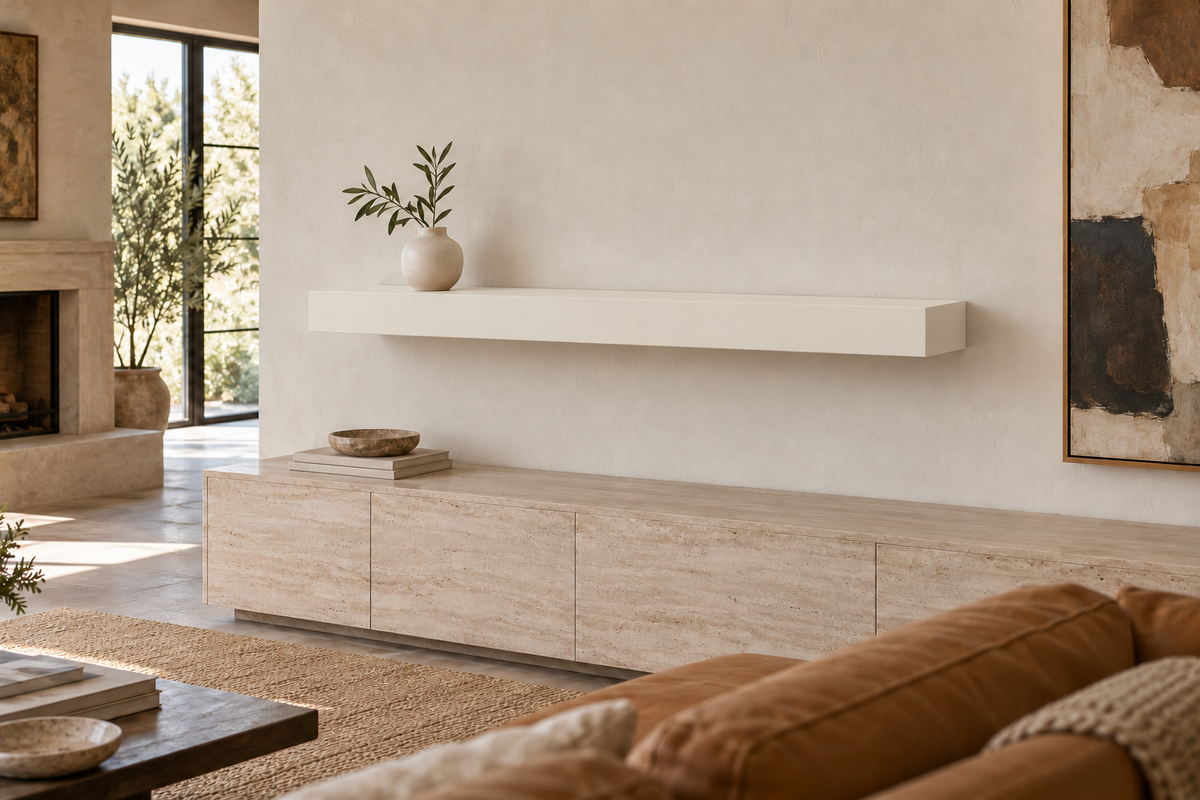 48 × 8 × 4 inch Alabaster SW 7008 painted floating shelf, standard mount, unlit