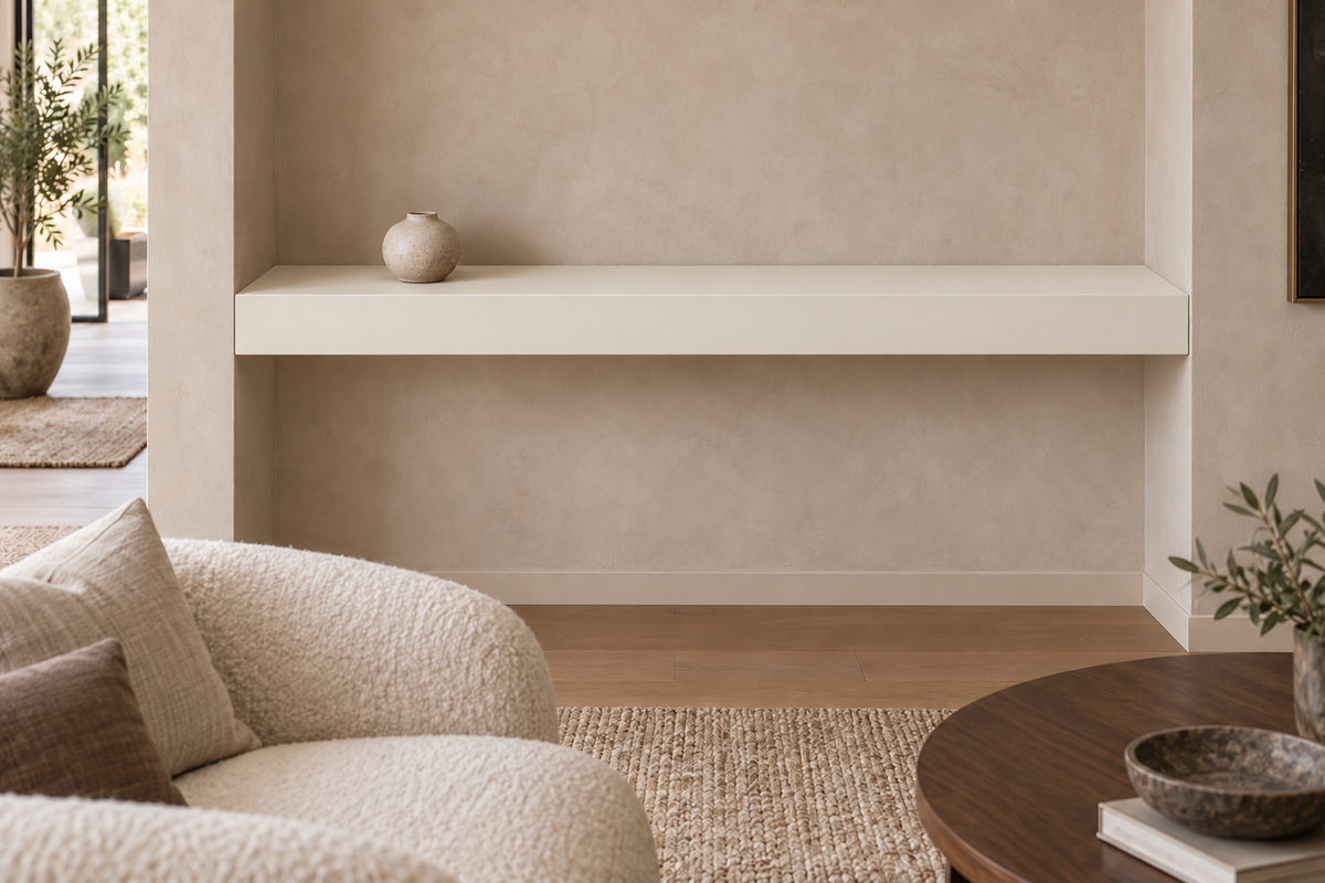 48 × 8 × 4 inch Alabaster SW 7008 painted floating shelf, wall-to-wall mount, unlit