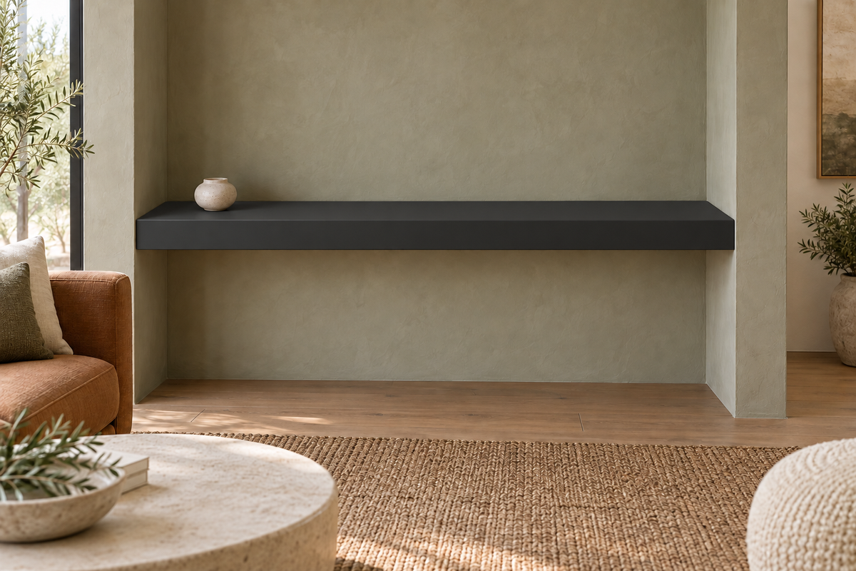 54-inch long, 3-inch thick Tricorn Black SW 6258 painted floating shelf, wall-to-wall mount, unlit