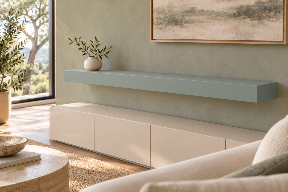 54-inch long, 4-inch thick Halcyon Green SW 6213 painted floating shelf, standard mount, unlit