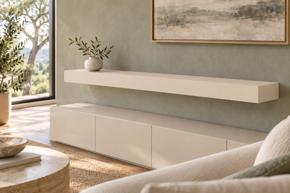 54-inch long, 4-inch thick Natural Linen SW 9109 painted floating shelf, standard mount, unlit