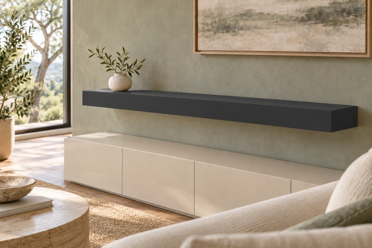 54-inch long, 4-inch thick Tricorn Black SW 6258 painted floating shelf, standard mount, unlit