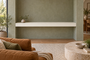 54-inch long, 4-inch thick Alabaster SW 7008 painted floating shelf, wall-to-wall mount, unlit