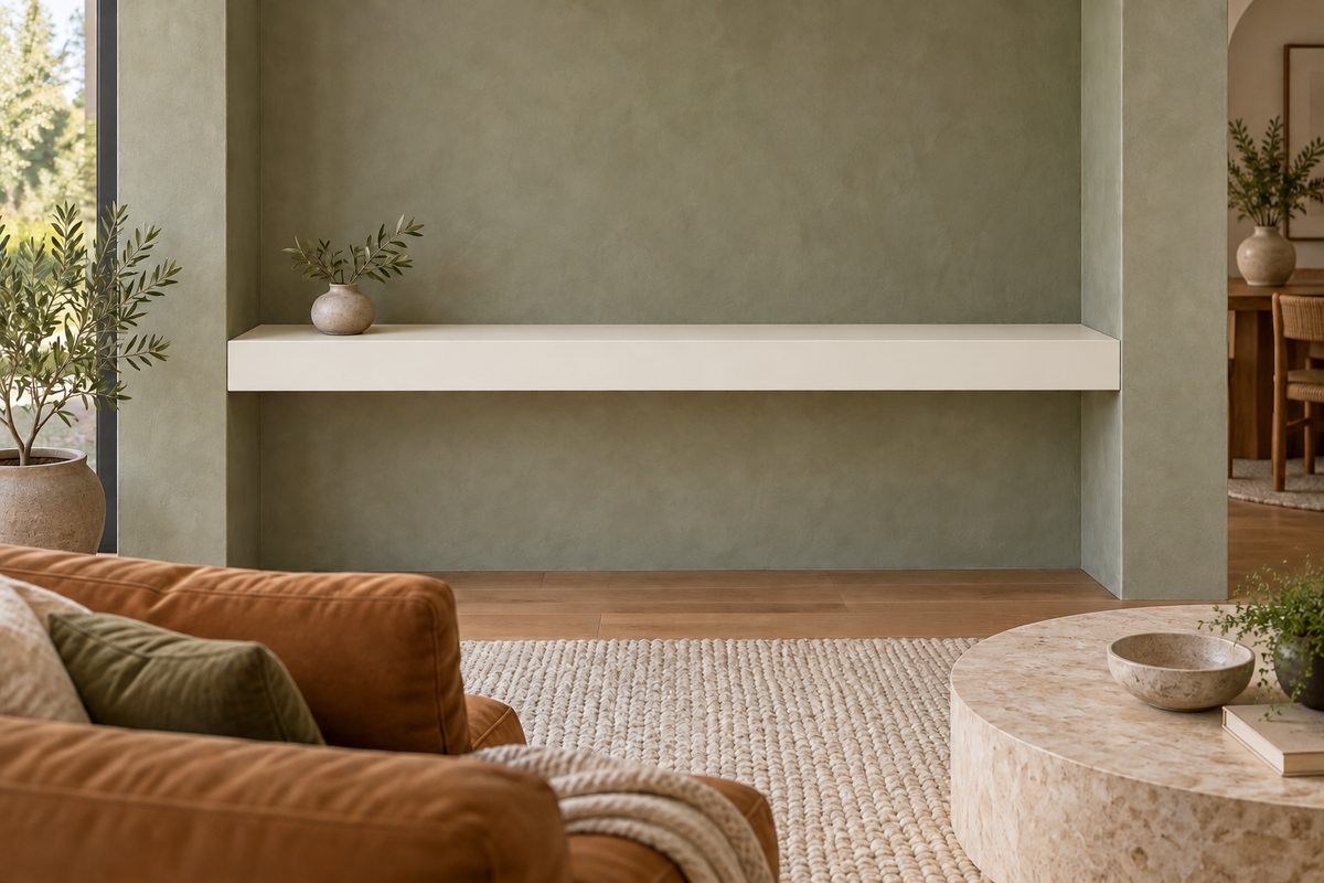 54-inch long, 4-inch thick Alabaster SW 7008 painted floating shelf, wall-to-wall mount, unlit