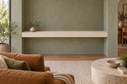 54-inch long, 4-inch thick Natural Linen SW 9109 painted floating shelf, wall-to-wall mount, unlit