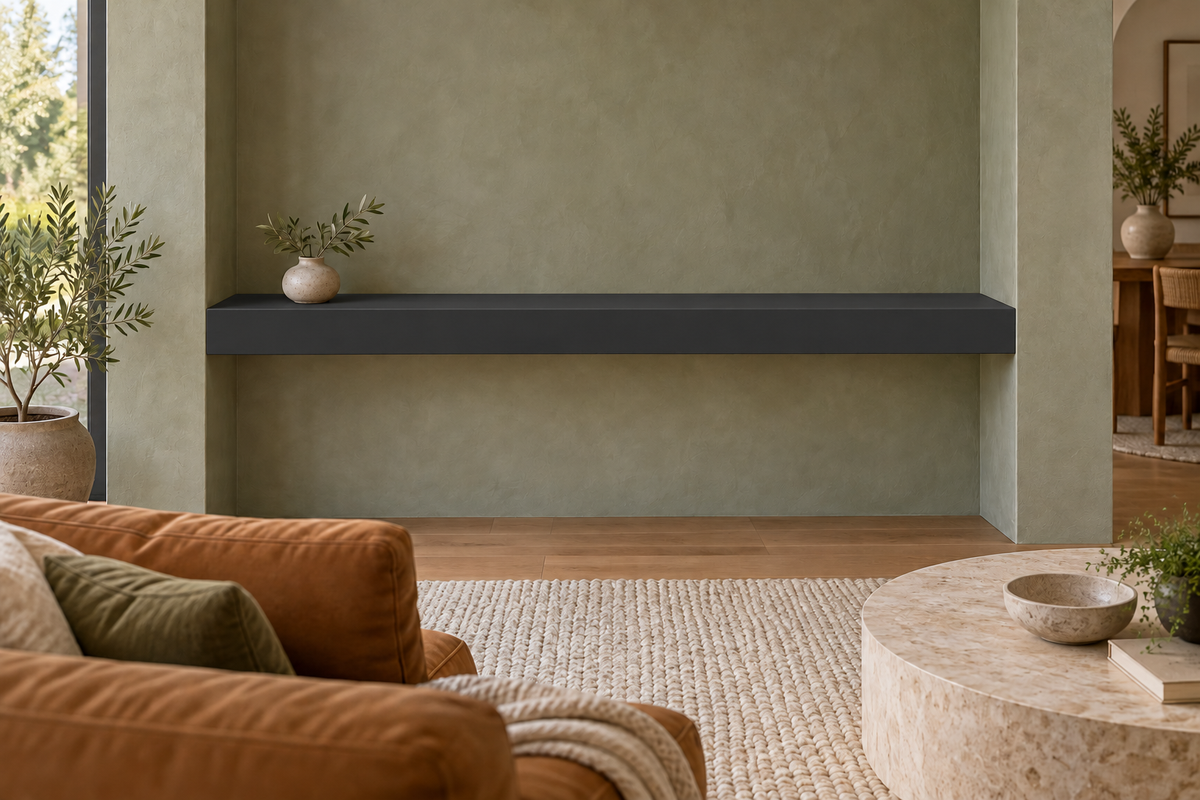 54-inch long, 4-inch thick Tricorn Black SW 6258 painted floating shelf, wall-to-wall mount, unlit
