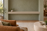 54-inch long, 4-inch thick Universal Khaki SW 6150 painted floating shelf, wall-to-wall mount, unlit