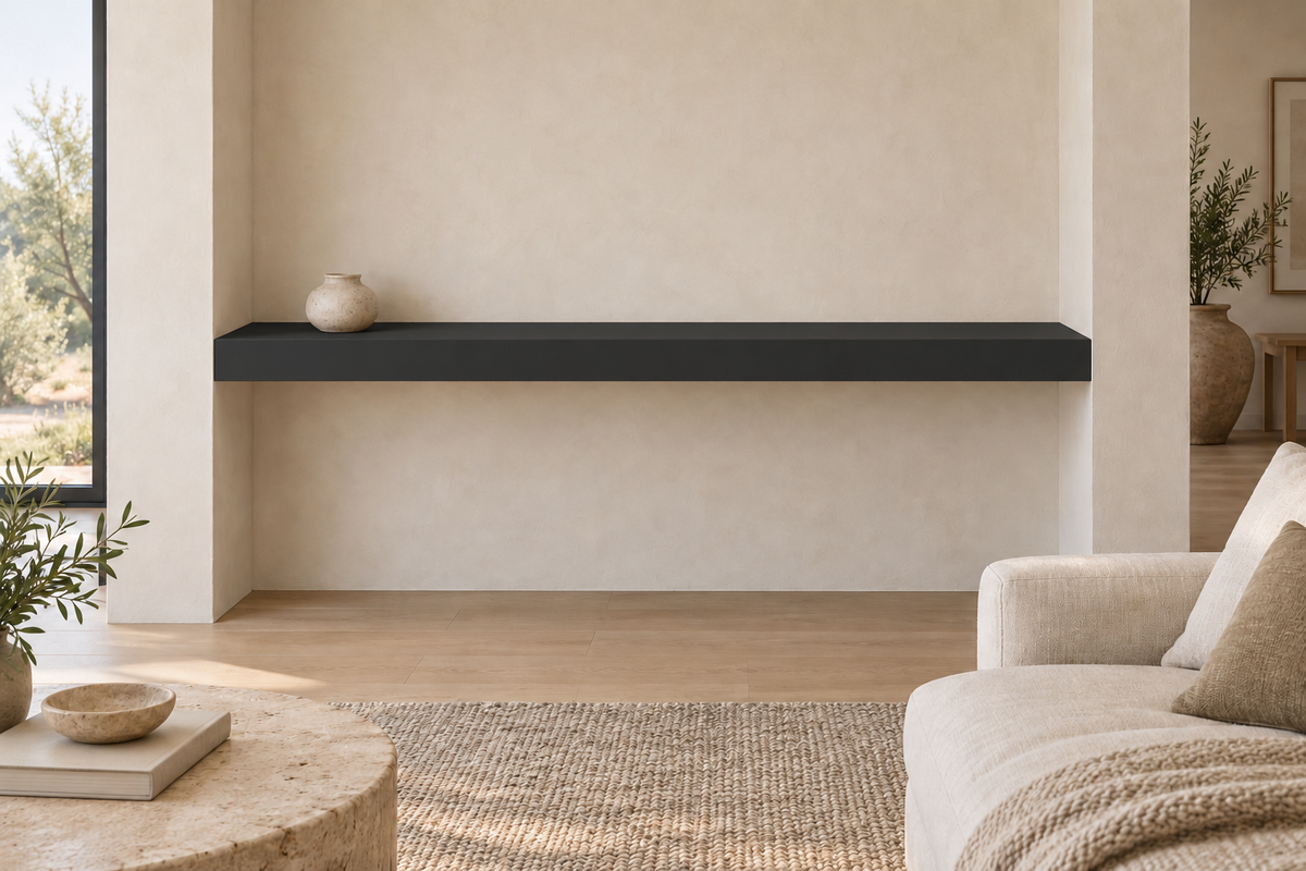54 × 8 × 3 inch Tricorn Black SW 6258 painted floating shelf, wall-to-wall mount, unlit