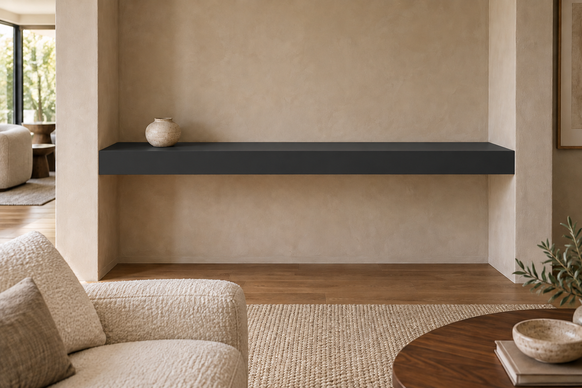 54 × 8 × 4 inch Tricorn Black SW 6258 painted floating shelf, wall-to-wall mount, unlit