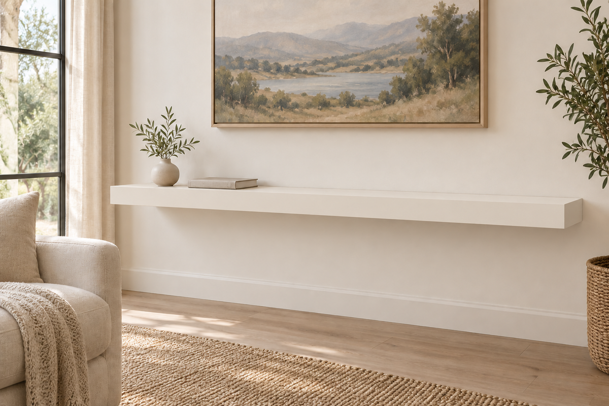 60 x 10 x 3 inch standard painted floating shelf in Alabaster SW 7008, unlit living-room rendering.