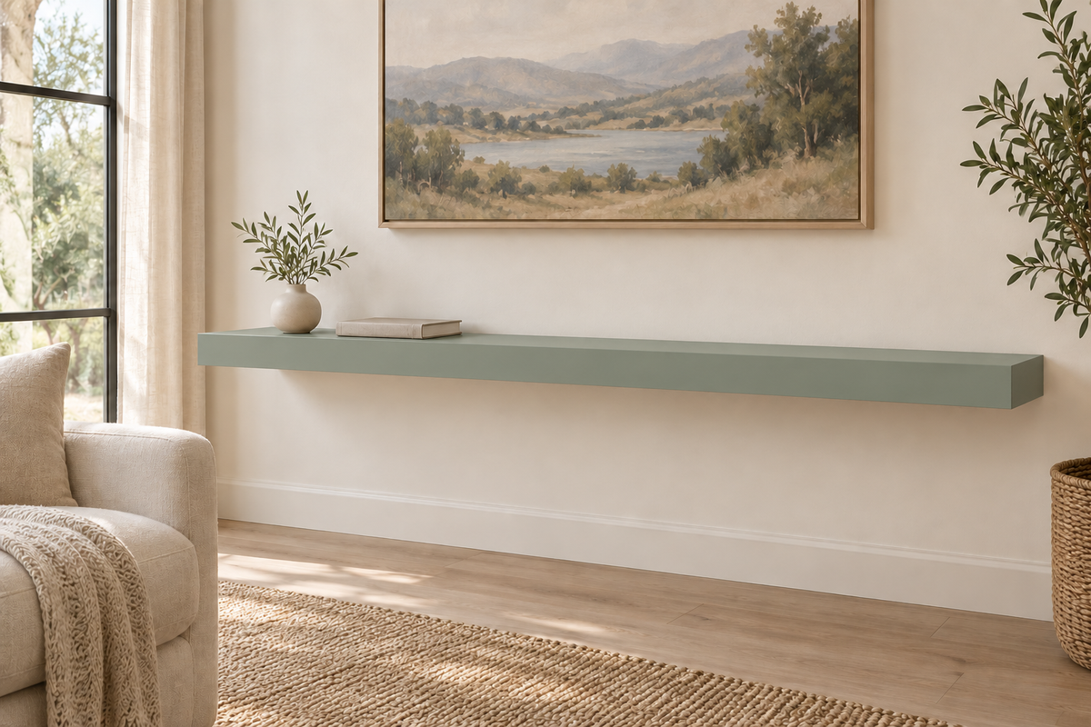 60-inch long, 3-inch thick standard painted floating shelf in Halcyon Green SW 6213, unlit living-room rendering.