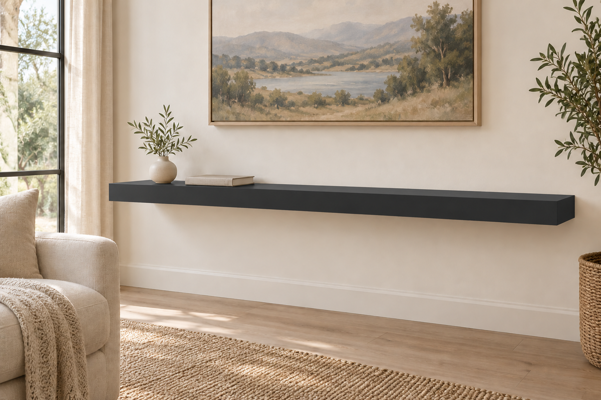 60-inch long, 3-inch thick standard painted floating shelf in Tricorn Black SW 6258, unlit living-room rendering.