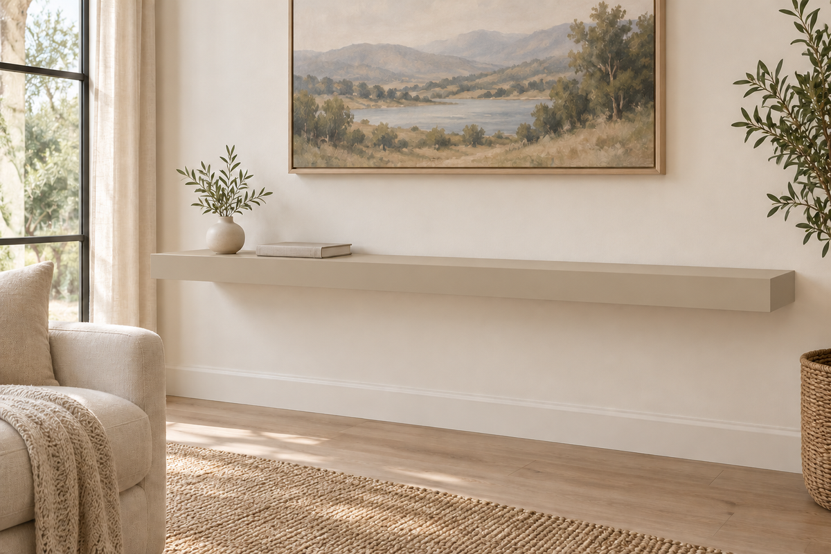 60-inch long, 3-inch thick standard painted floating shelf in Universal Khaki SW 6150, unlit living-room rendering.