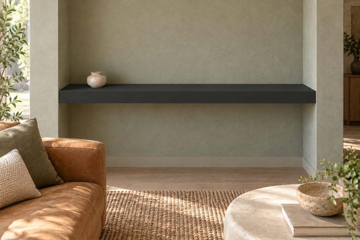 60 × 10 × 3 inch Tricorn Black SW 6258 painted floating shelf, wall-to-wall mount, unlit