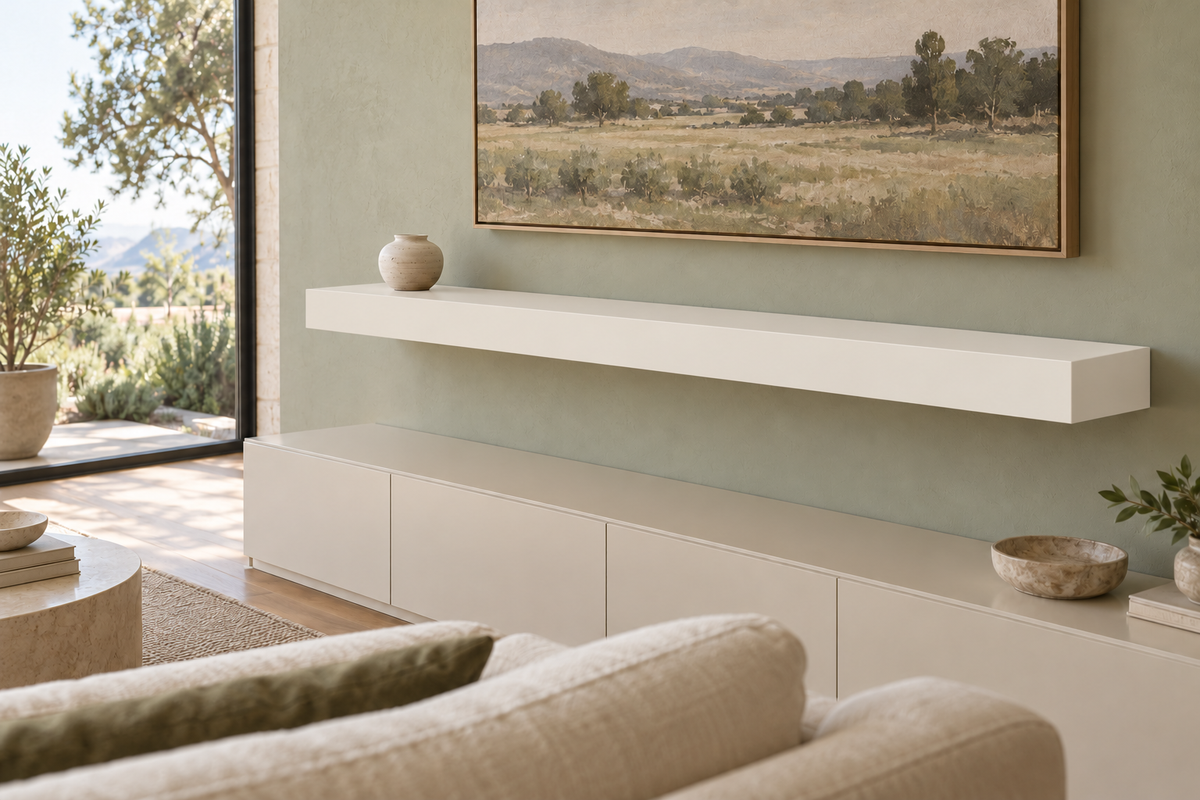 60 × 10 × 4 inch Alabaster SW 7008 painted floating shelf, standard mount, unlit