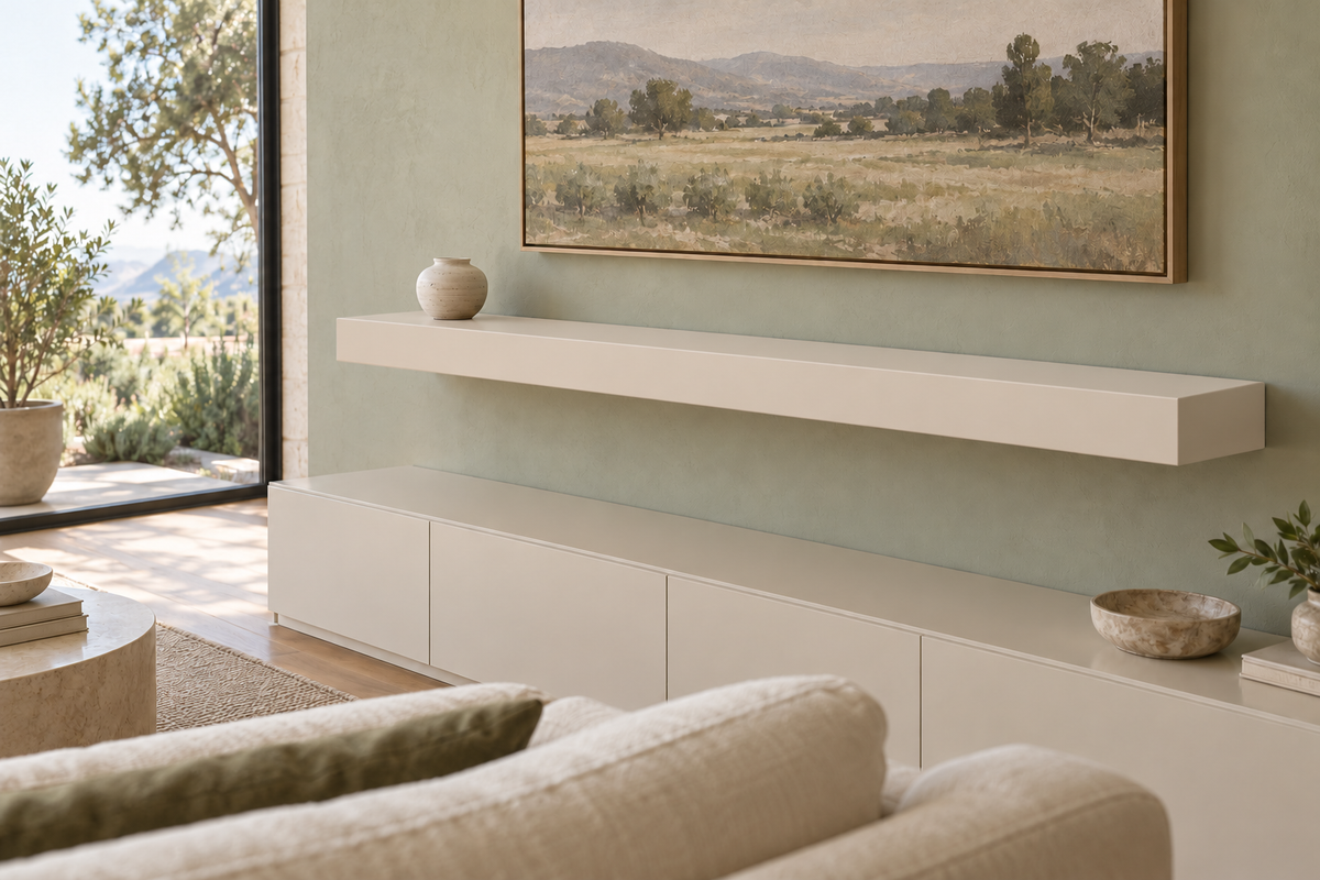 60-inch long, 4-inch thick Natural Linen SW 9109 painted floating shelf, standard mount, unlit