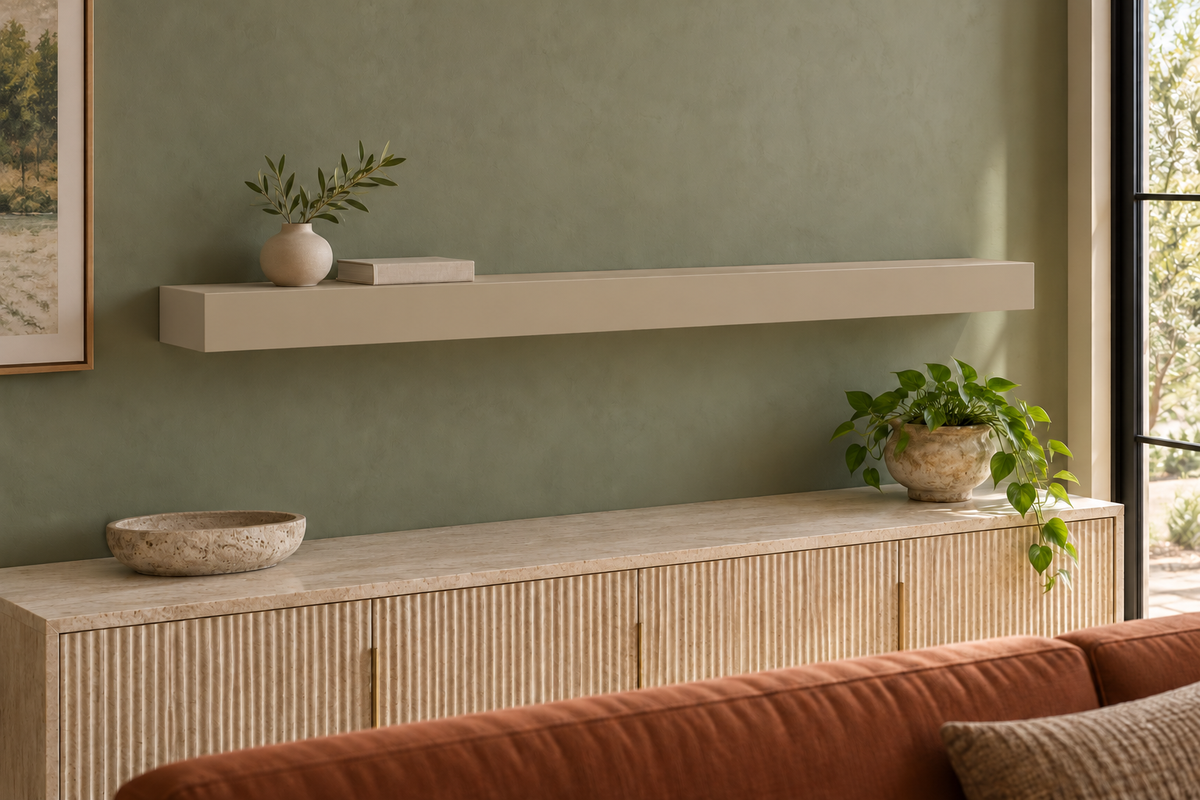 60 × 8 × 3 inch Universal Khaki SW 6150 painted floating shelf, standard mount, unlit